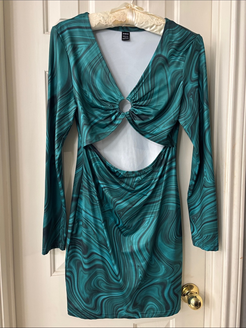 SHEIN Teal Marble-Print Long Sleeve Cutout Mini Dress